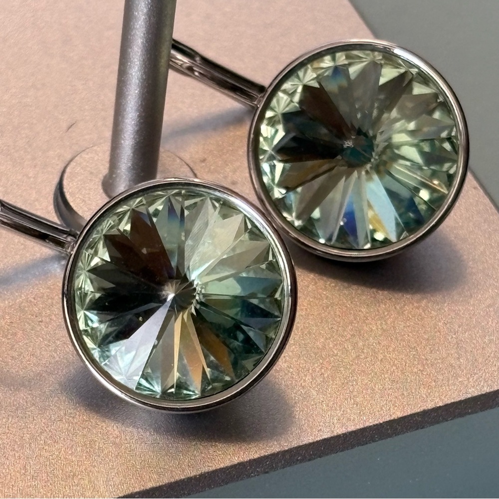 Light Lime Green Small Bella-Style Swarovski Crystal Rhodium Leverback Earrings - Picture 5 of 16